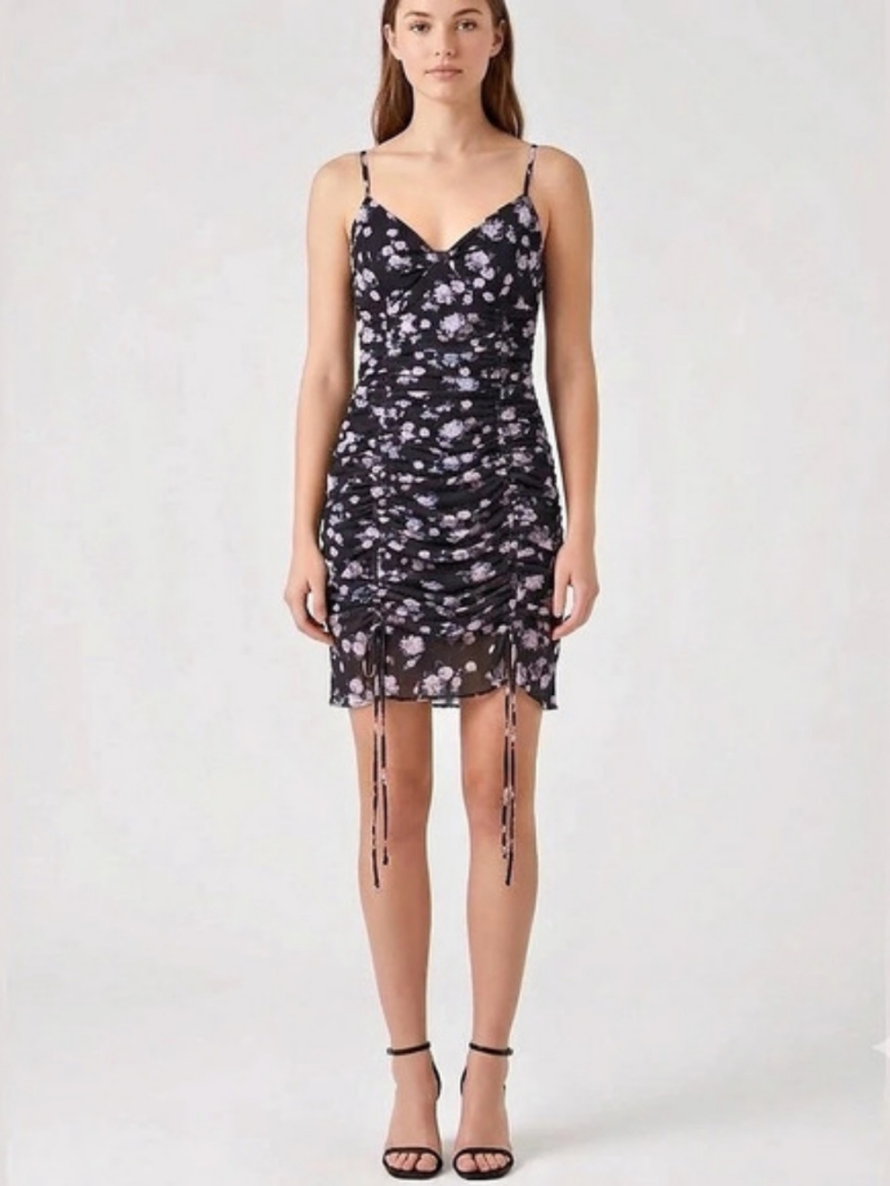 Vtg Y2K Floral Mesh Ruched Mini Slip Dress Size S Fairy Whimsigoth Adjustable